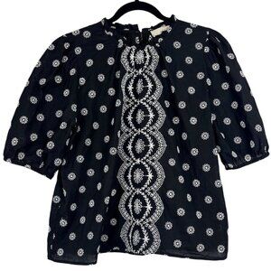 LOFT Black Embroidered Puff Sleeve‎ Top Women's Size Large Boho Cottagecore